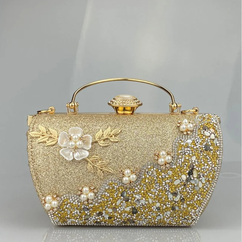 princess bag with metal rhinestone embellishments, evening party dress handbag, elegant women's handbag