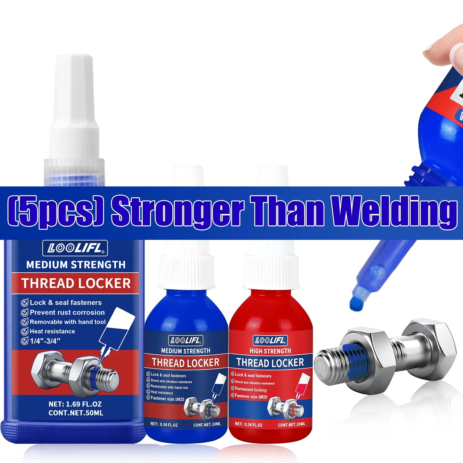50ML 243 Blue Medium Strength Threadlockers,Universal Thread Adhesives,For All Metal Threaded Components,Removable Waterproof
