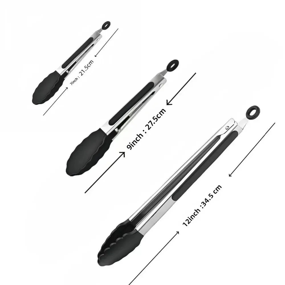 Multi-Size Lock Kitchen Tongs 7/9/12Inch Silicone Tip Heat Resistant Barbecue Gadget for Home Cooking Outdoor BBQ Use