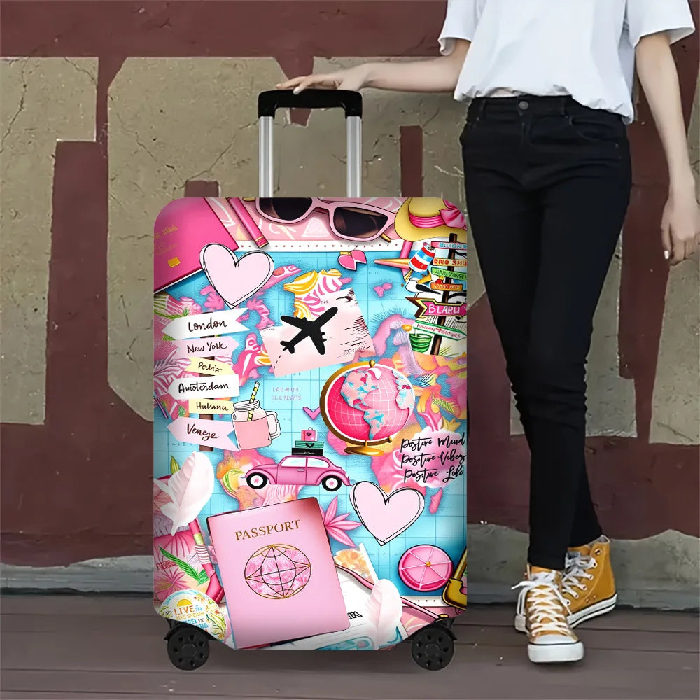 1PC Tropical Pink Travel Collage Print Luggage Cover for luggage sizes 18-32 inches; dust and elastic travel accessories to e