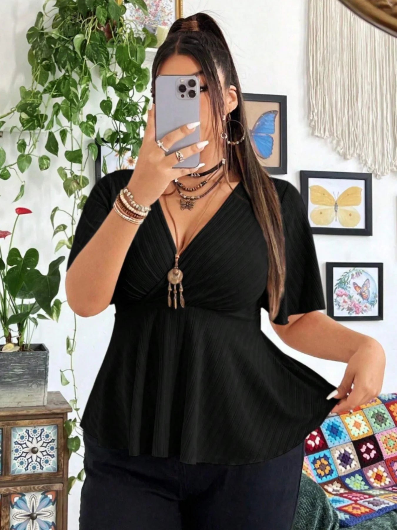 Plus Size Ribbed Knit Tops Deep V Neck Flutter Sleeve Peplum Blouse Curved Hem Casual Tops