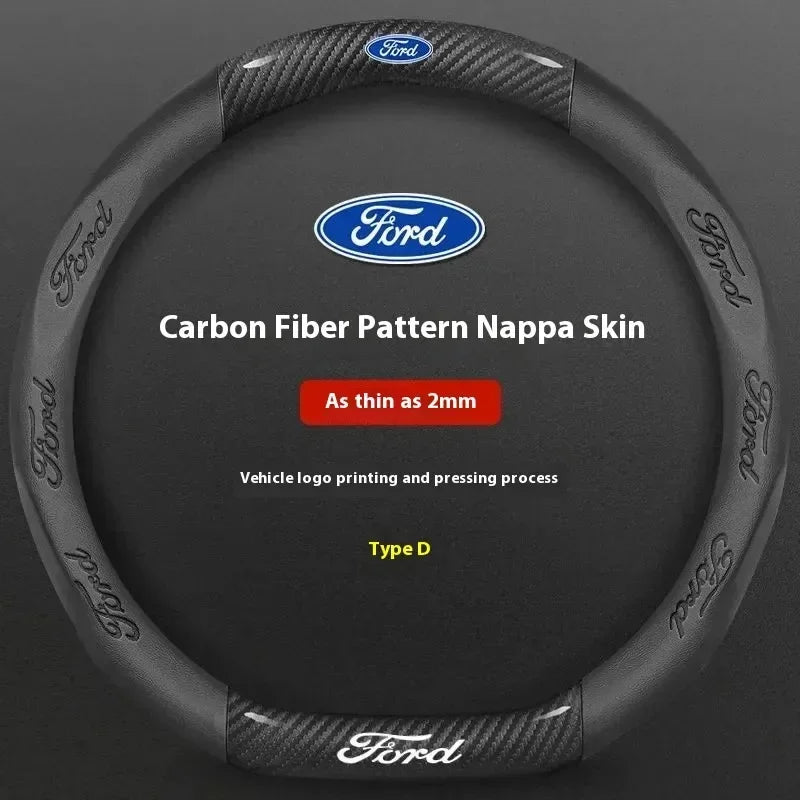 For Ford Mondeo Focus Raptor Puma Edge Explorer Ecosport Ranger F150 Kuga Car AntiSlip Carbon Fiber Leather Steering Wheel Cover