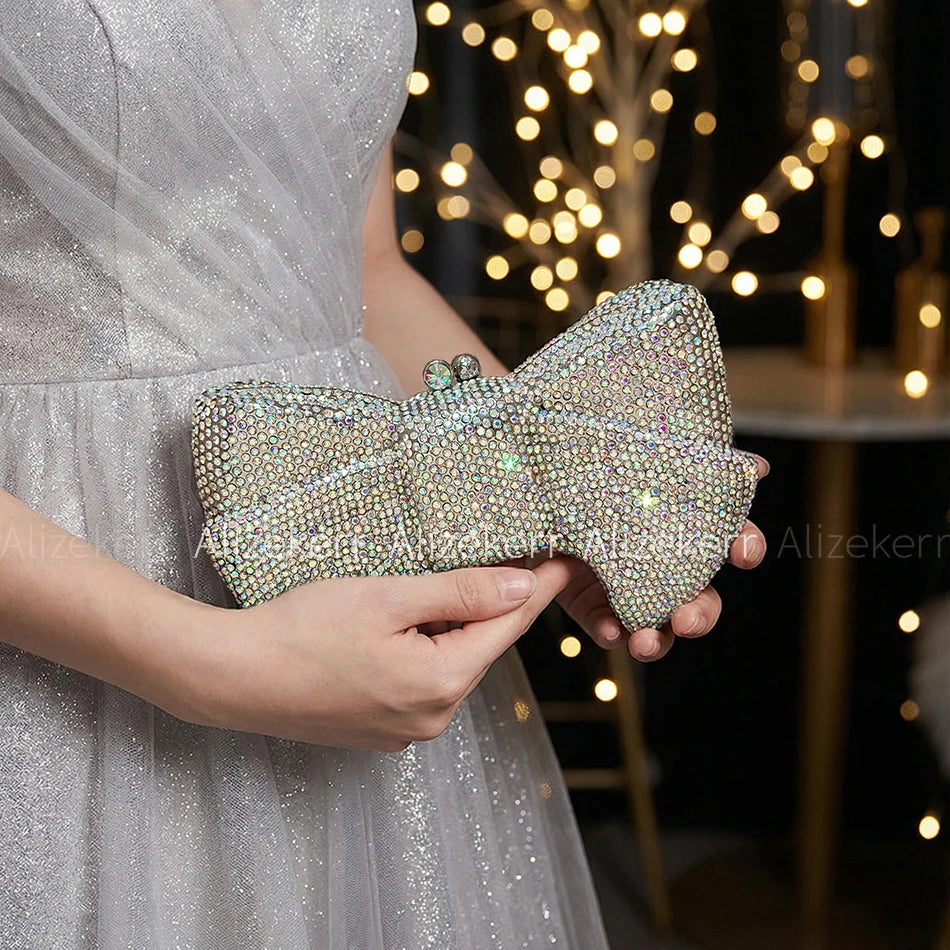 Alizekerr Bow Crystal Evening Bags Women Classy Sparkling Diamond Metal Clutch Purses And Handbags High Quality Wedding Party
