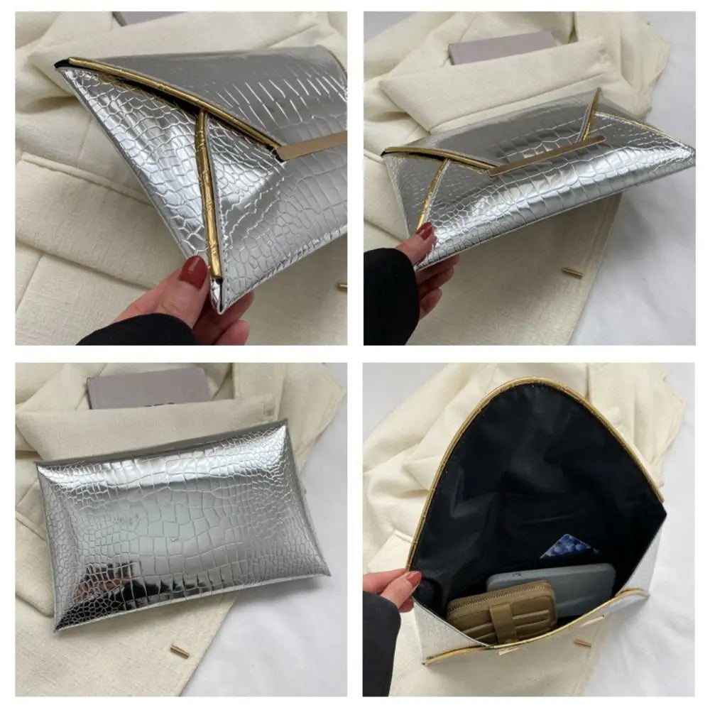 Pure Color Contrast Crocodile Pattern Coin Purse Matte Glossy Square Envelope Clutch Cover Style PU Material Mobile Phone Bag