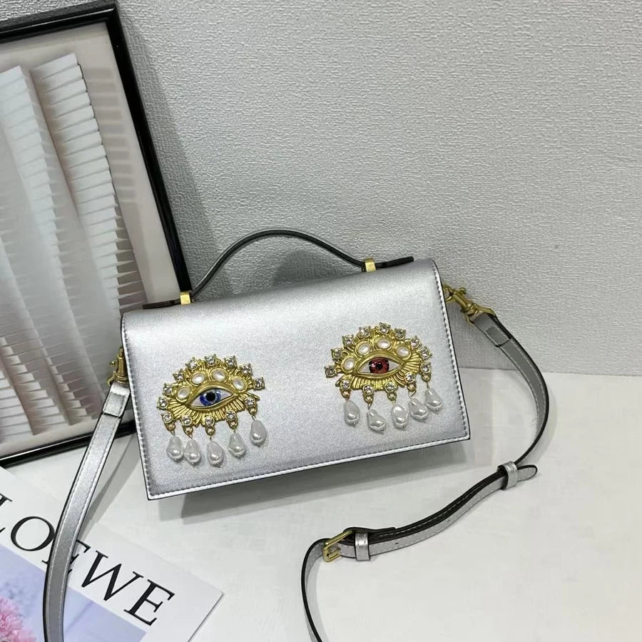 New retro pearl diamond eye creative design shoulder messenger bag fashion women's light luxury Boston bag