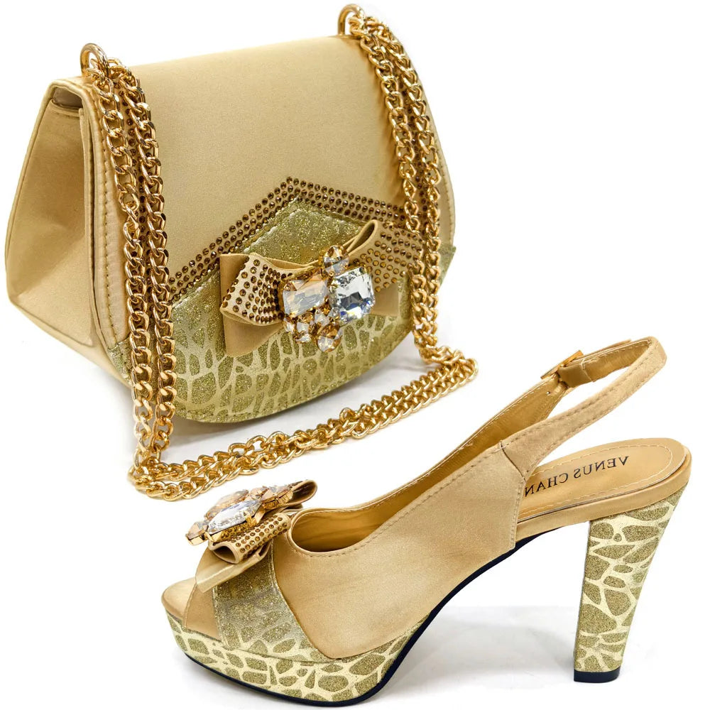 Newest Pink Color Pumps Women High Heels Decorated with Rhinestone Flower Design Party Women's Shoes and Bags Set
