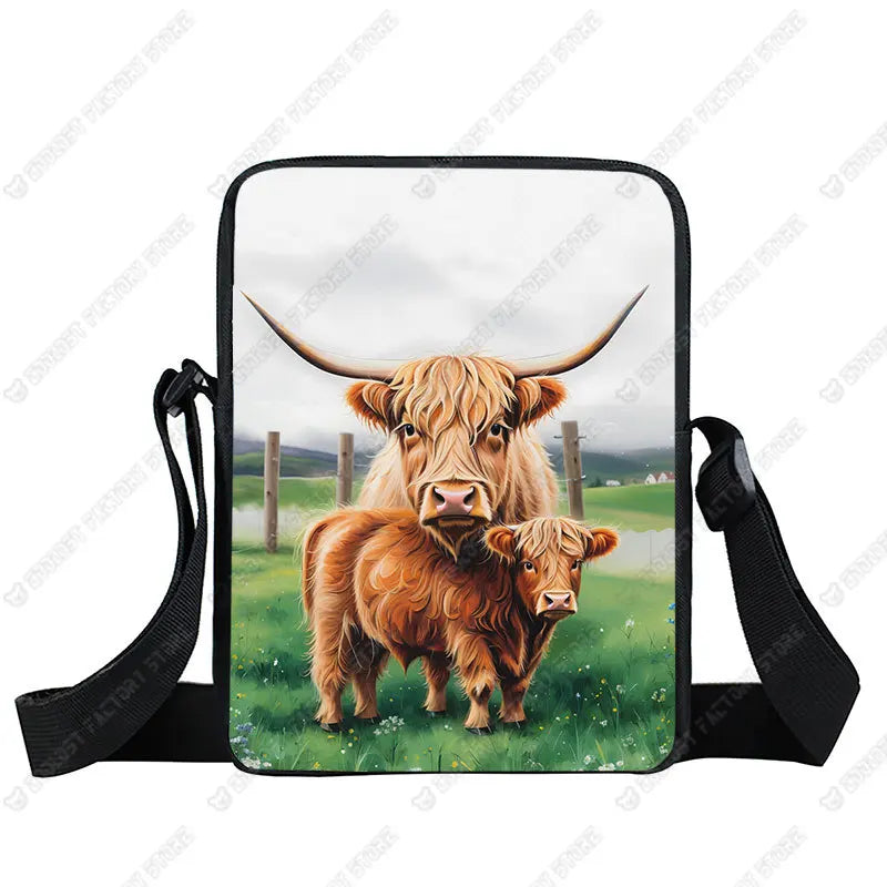 Scottish Highland Cows Print Crossbody Bag Highland Cow Sunflower Women Handbag Key Money Phone Holder Messager Shoulder Bag
