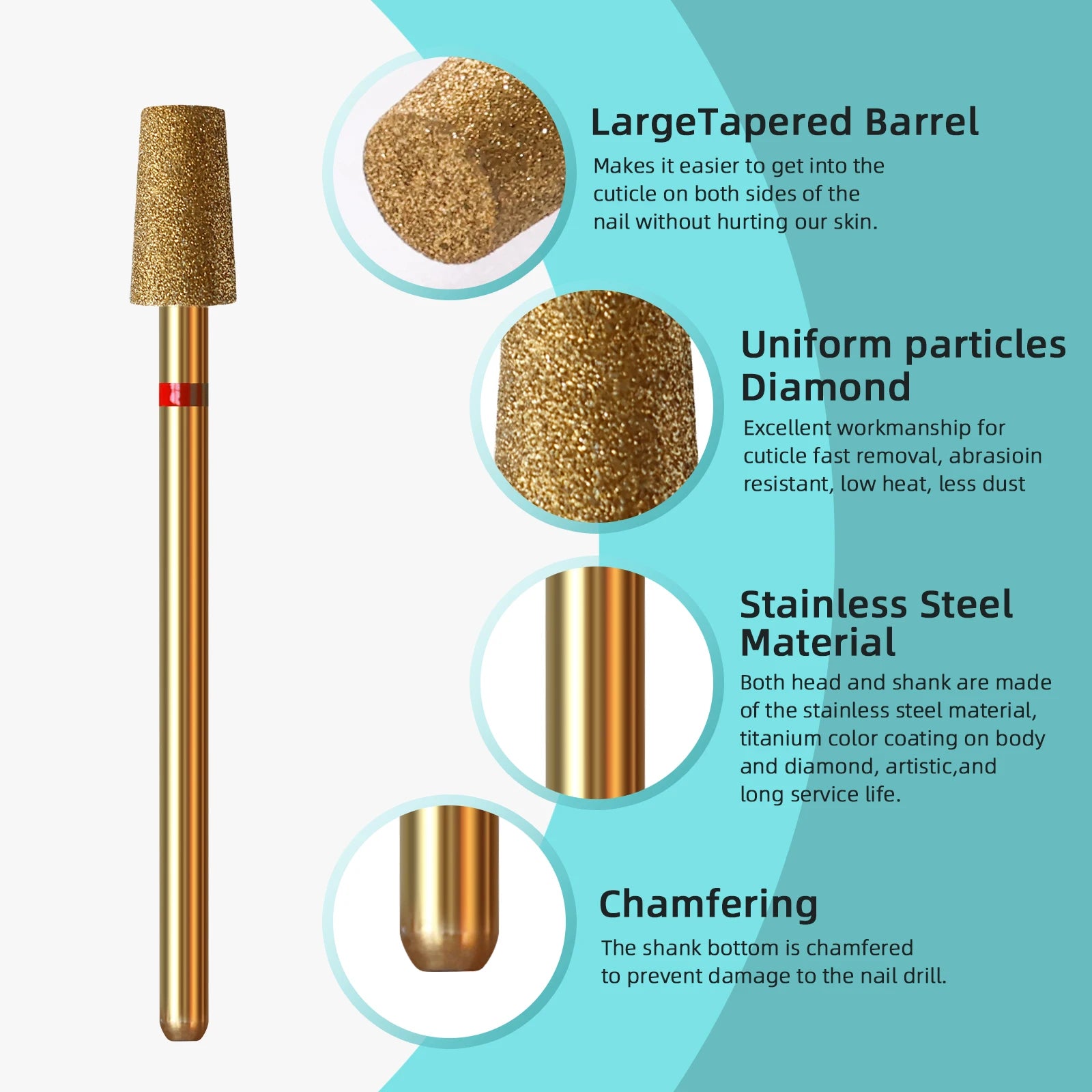 HYTOOS 5mm Large Tapered Barrel Cuticle Clean Nail Drill Bit, Titanium Russian Diamond Nail Bits Nail Cleaner Accessories Tool