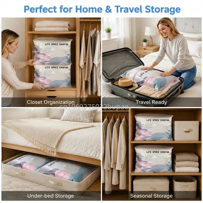 No Pump Vacuum Compression Bag  Space Saving Compression Bag Reusable Visible Organizer Quilt Blanket Clothes Wardrobe Storage