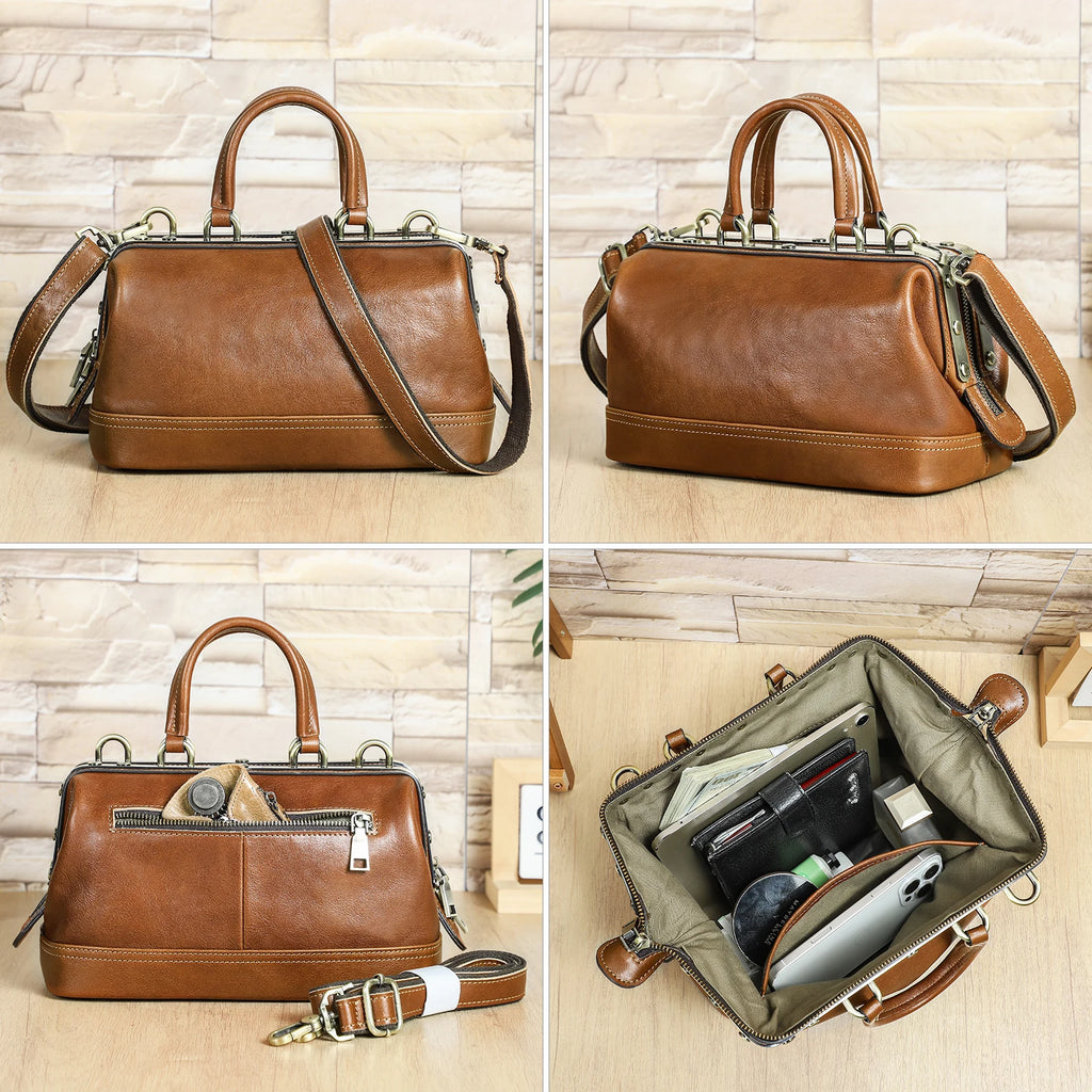 CONTACT'S Genuine Leather Shoulder Bags for Women Luxury Designer Doctor Bags Top Handle Bags Metal Frame Tote Handbags Ladies