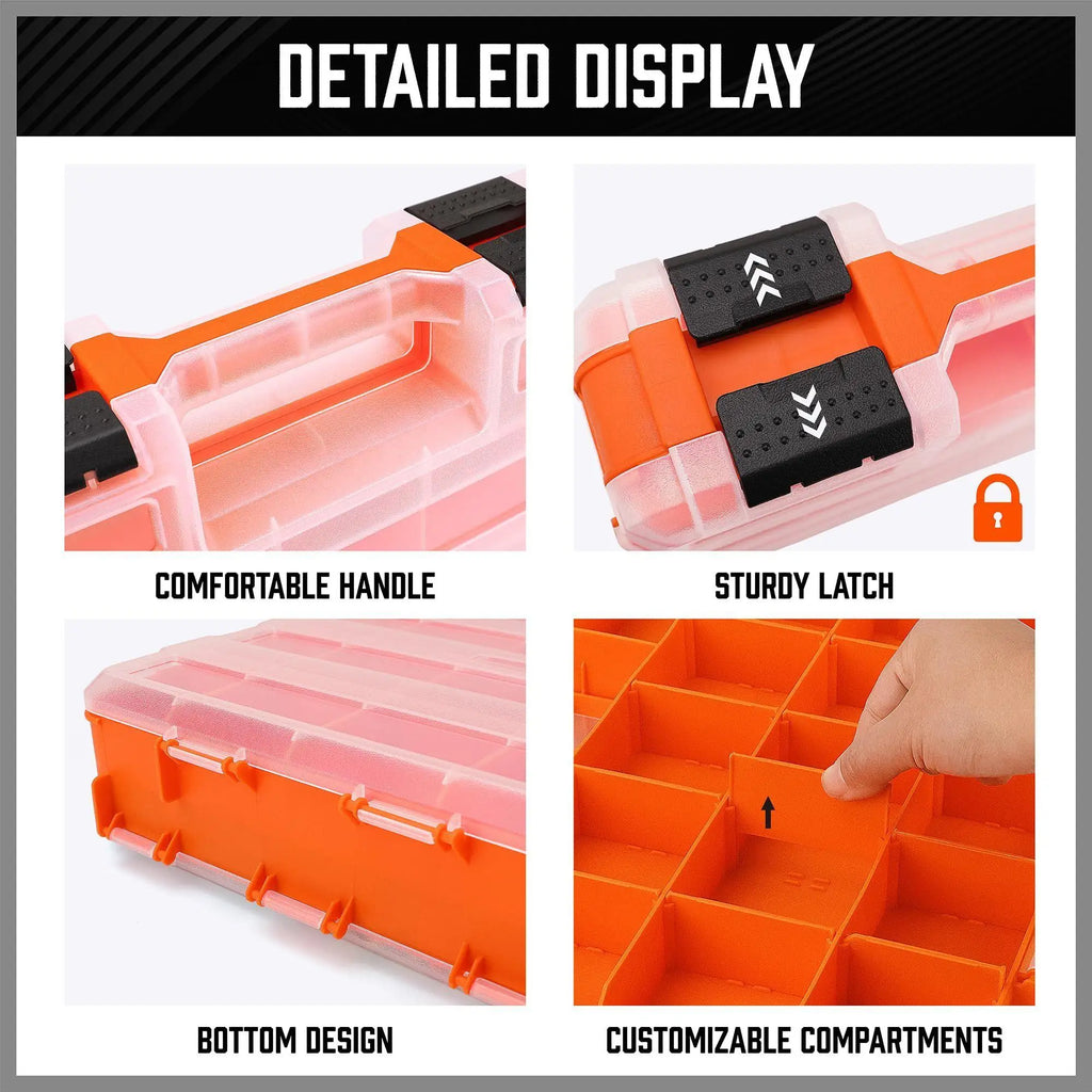 Tool Box Organizer Portable Double-Sided 34-Compartment Drill Bit Storage Bolt and Nut Case with Lid for Hardware Nail Bolt Nut