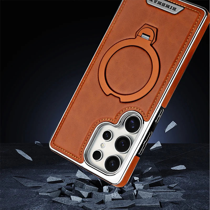 360 ° Rotating Bracket Leather Case,For Samsung Galaxy S24 S23 S25 Ultra S25Edge Wireless Charging Phone Protective Back Cover