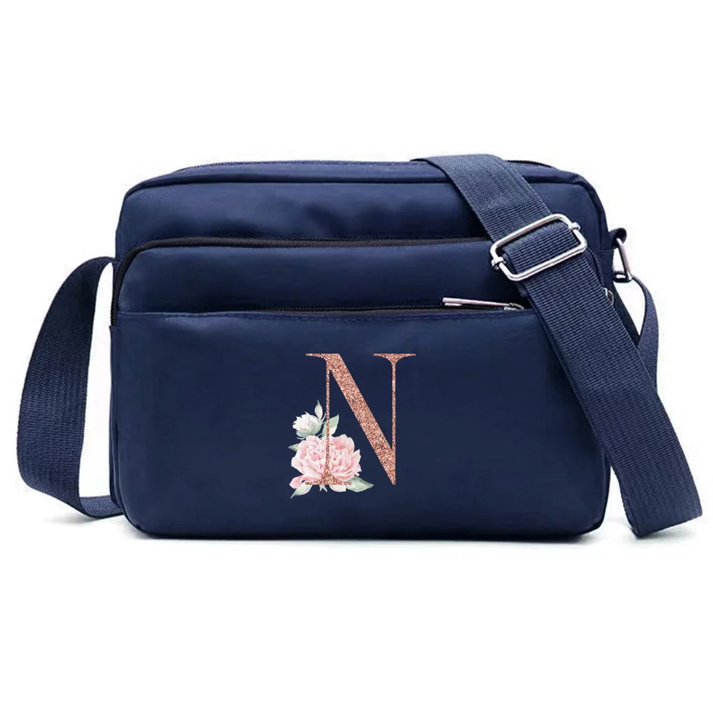 Large Capacity Travel and Commuting Storage Blue Bag Rose Gold Series Print Pattern Multi-layer One Shoulder Crossbody Bag
