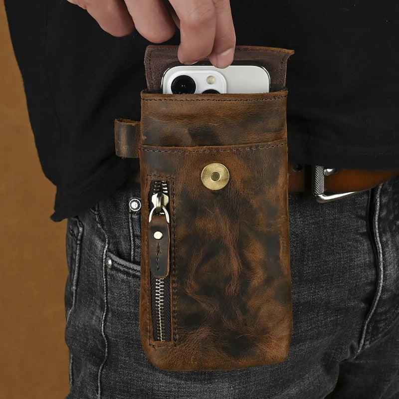 Mad  Leather New Men's Waist Bag Simple Vertical Mobile Phone Bag Trendy  Bar Leather Bag Top Layer Cowhide Belt
