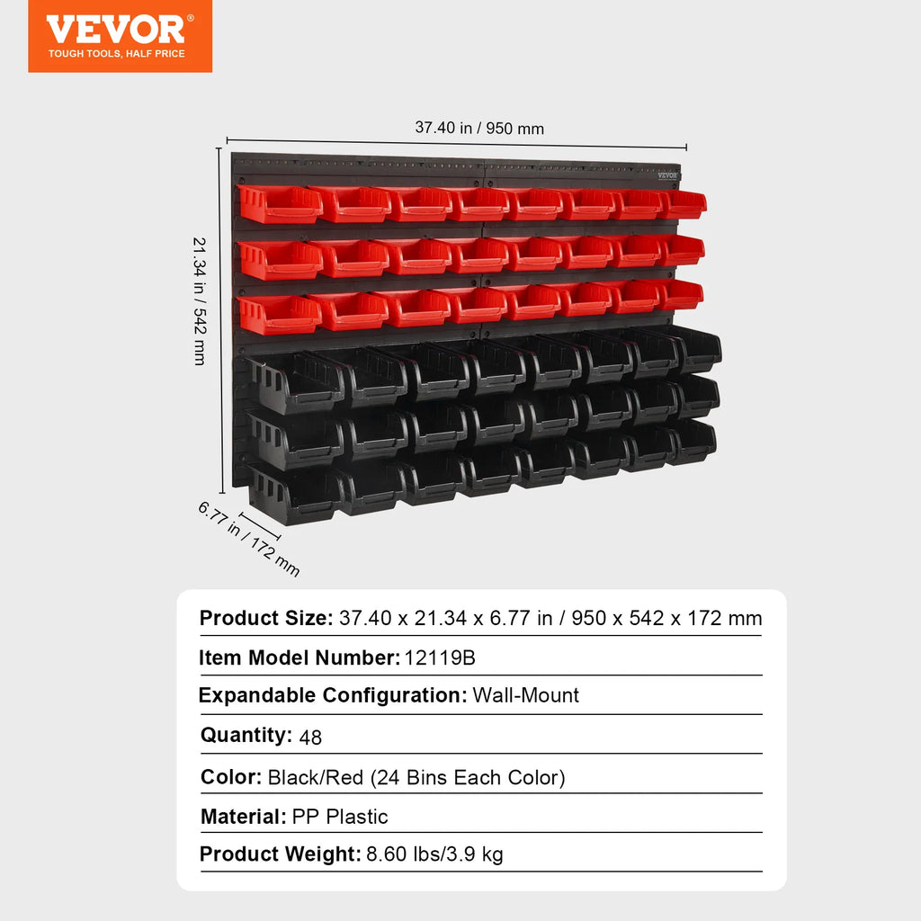 SucceBuy Wall Mounted Storage Bins 30/48Bin Parts Rack Organizer Garage with Wall Panels Hooks Plastic Shop Tool for Screw Nails