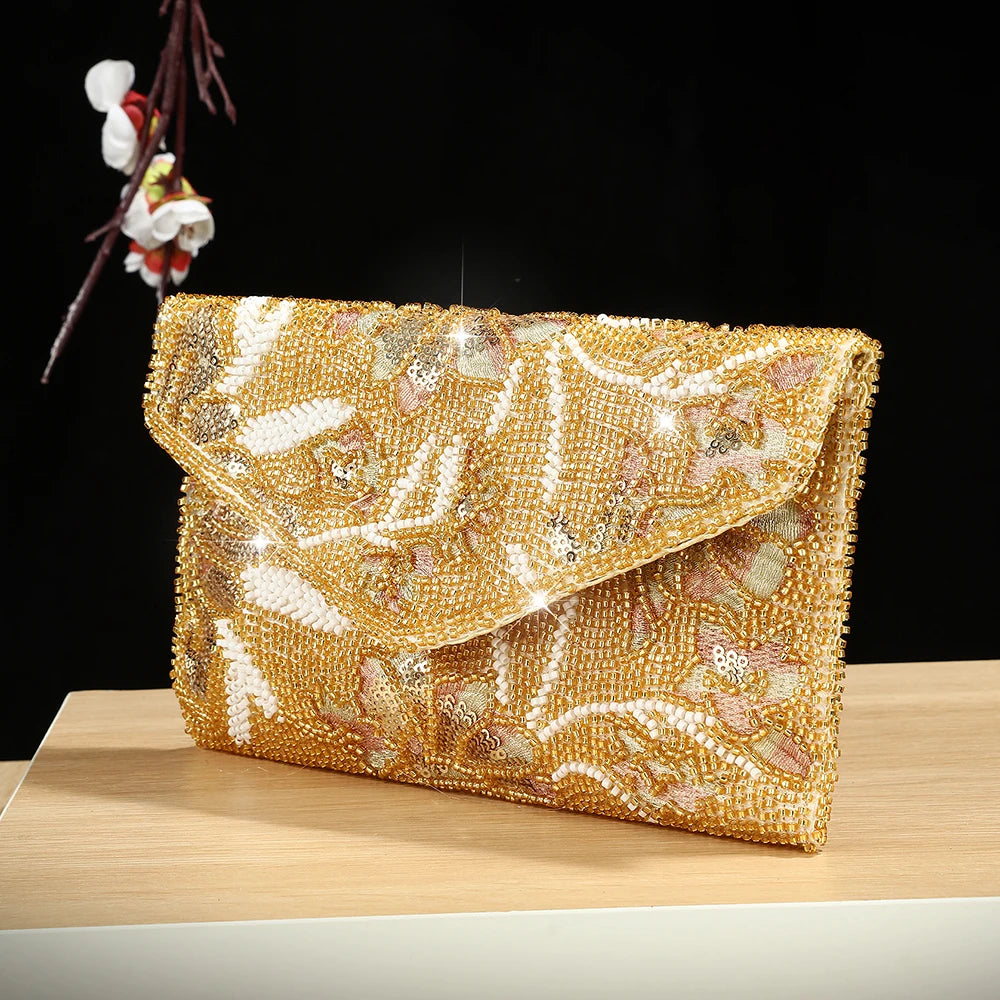 Heavy-duty sequin embroidered evening bag with embroidered flowers, versatile wedding banquet dress handbag for all occasions