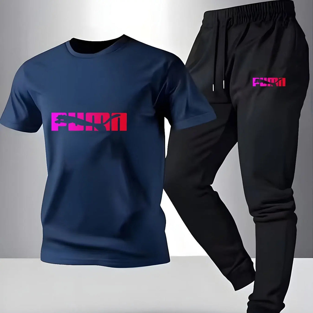 Breathable Cotton Men's Fashion Sportswear Set Pattern Printed T-Shirt & Comfortable Sports Pants for Casual Fitness Home