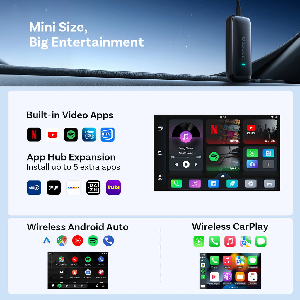 OTTOCAST Play2Video Ultra Video Box 3 in 1 Wireless CarPlay Android Auto Adapter Built-in Youtube Netflix IPTV for 98% of Cars