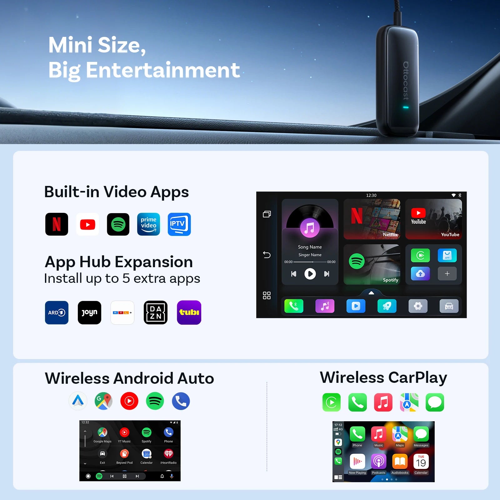 OTTOCAST Play2Video Ultra Video Box 3 in 1 Wireless CarPlay Android Auto Adapter Built-in Youtube Netflix IPTV for 98% of Cars