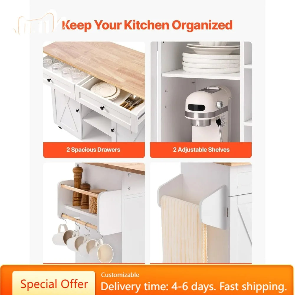 Wooden Top Kitchen Trolley with Storage, Rolling Drop Leaf Table, Drawers, and Spice Rack