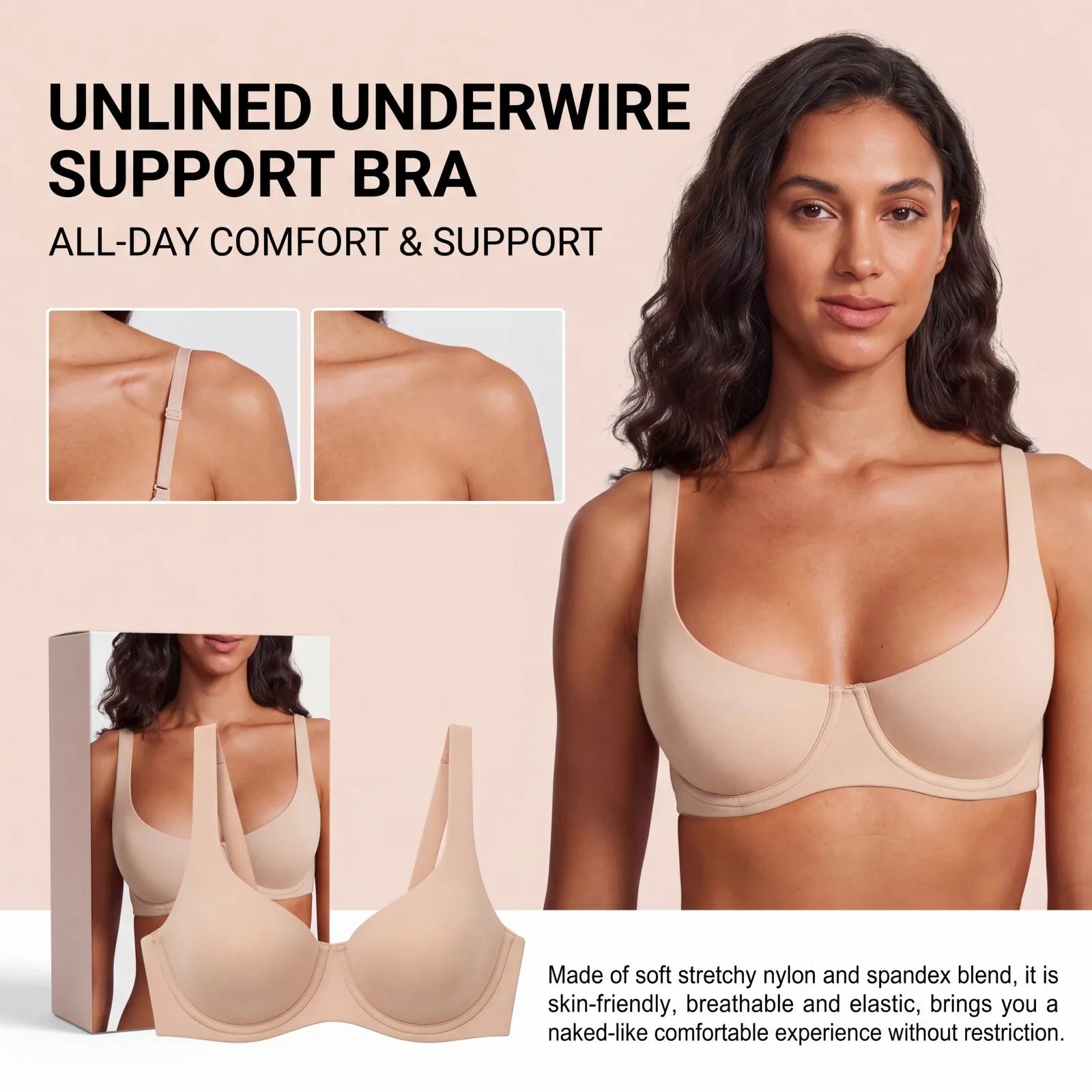 Women Naked Feel Bra Underwire Unpadded Nylon Lift Support Wide Shoulder Straps Pressure Relief Seamless Daily Outfit Comfort Br