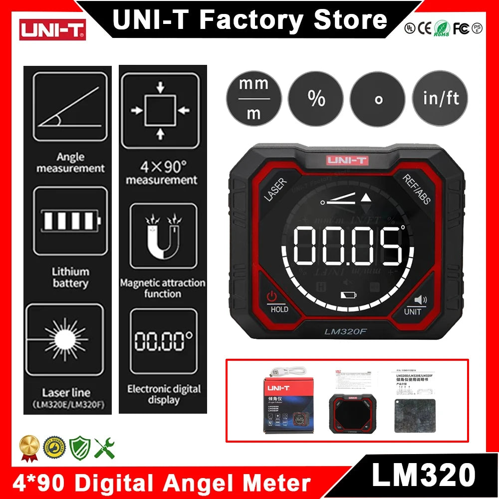 UNI-T LM320D LM320E LM320F Laser Inclinometer Digital Angle Meter with Absolute Relative Angle Measurement Magnetic Inclinometer