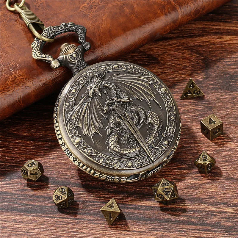 Flying Dragon Pocket Watch Case Pendant Chain 7-Piece Set Micro DND Metal Polyhedral Dice