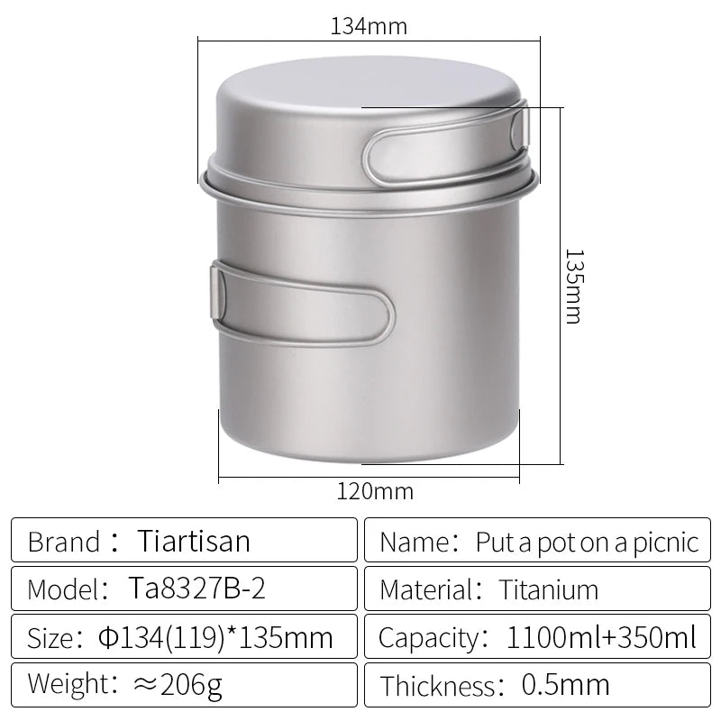 Tiartisan Titanium Folding Handle Camping Pot Frying Pan Set  Lightweight Portable Cookware Equipment For Outdoor Hiking Picnic