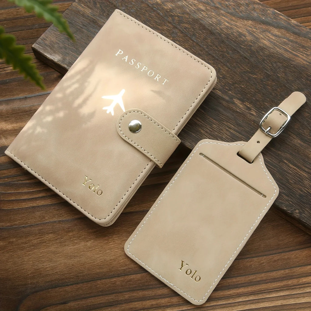 Custom Hot Stamping Name Passport Holder & Luggage Tag Customized Golden Monogram Name Textured Synthetic Leather Passport Cover
