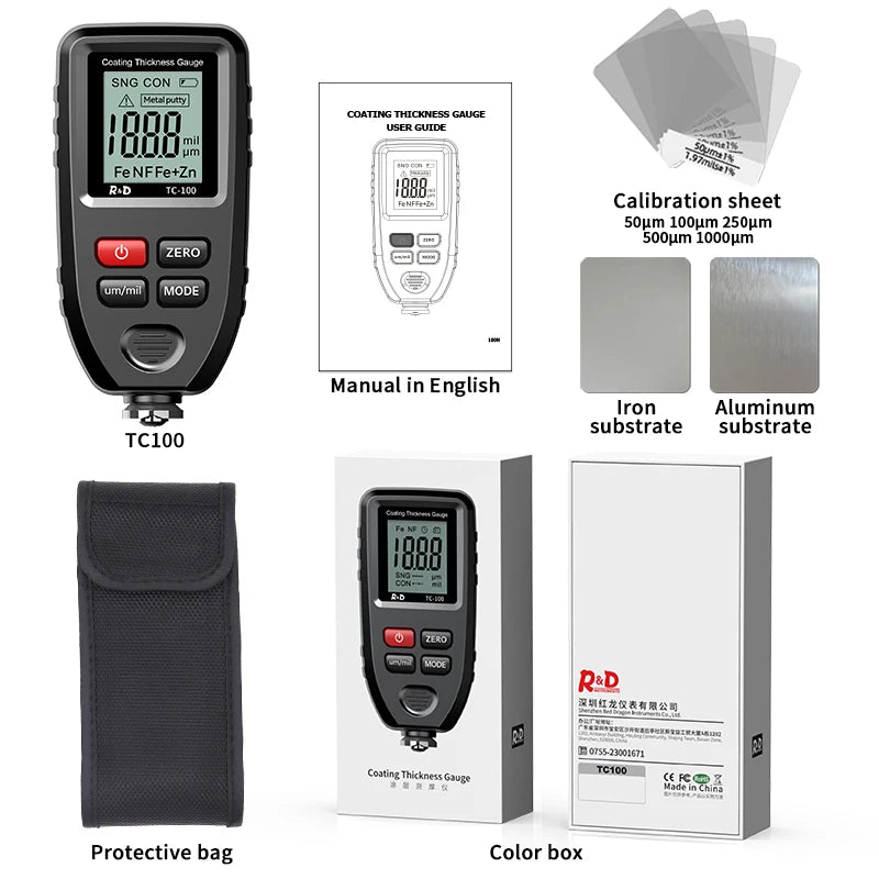 R&D TC100 Metal Putty Coating Thickness Gauge for Car Digital 0-1300um Fe NFe Zn Probe Car Paint High Speed Paint Film Meter