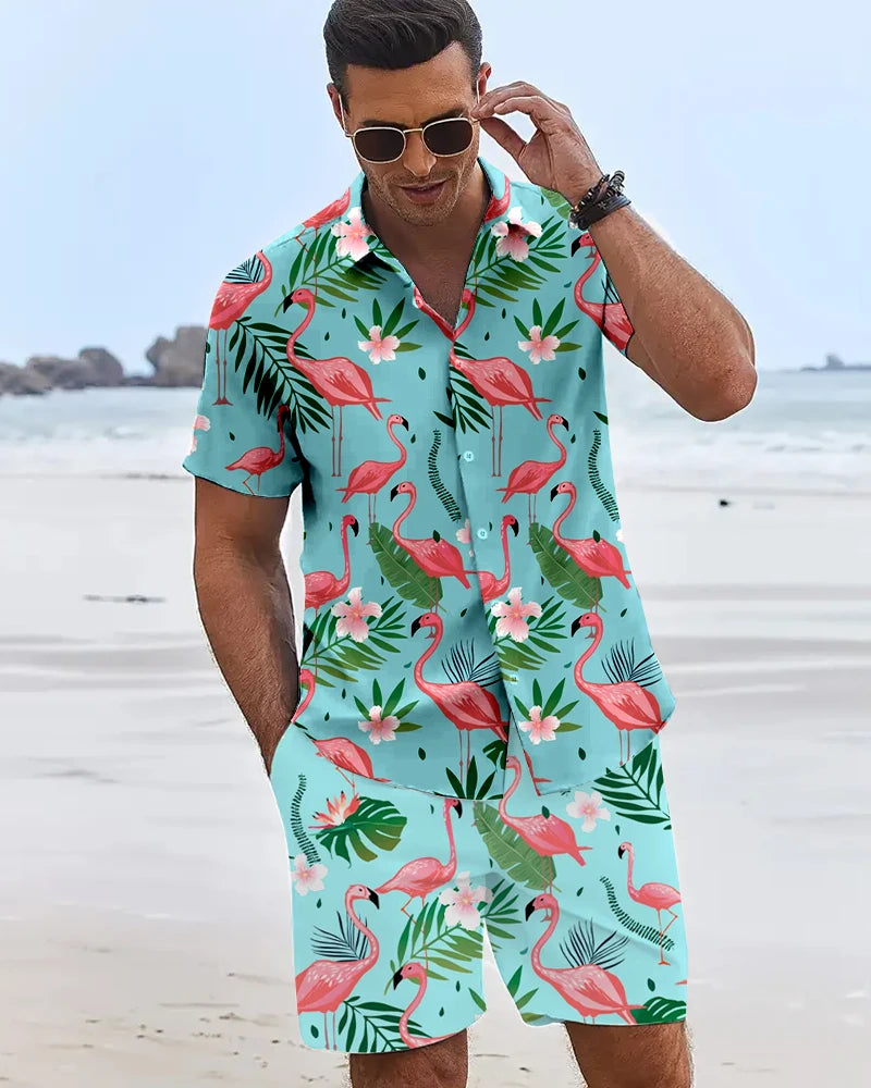 Funny 3D Flamingo Printed Men's Shirts Hawaiian Beach Vacation Short Sleeve Shorts 2 Piece Summer Hip Hop Trend Fashion Men Sets