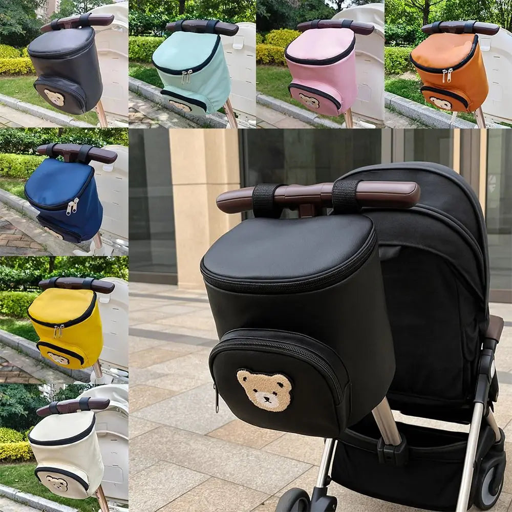 Cute Waterproof Baby Stroller Hanging Bag PU Leather Cartoon Bear Umbrella Cart Bags Large Capacity Mommy Storage Bag