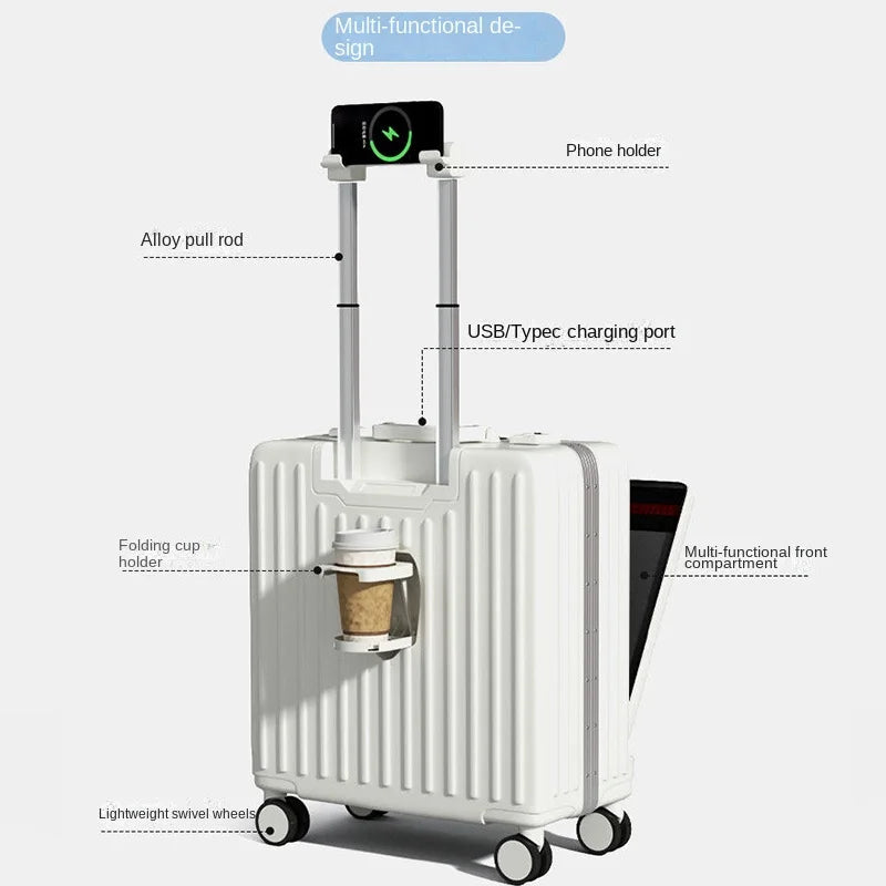 Small Suitcase 2026 Aluminium Frame Front Opening 16–20 inch Cabin Luggage Business Travel Trolley Suitcase for Men and Women