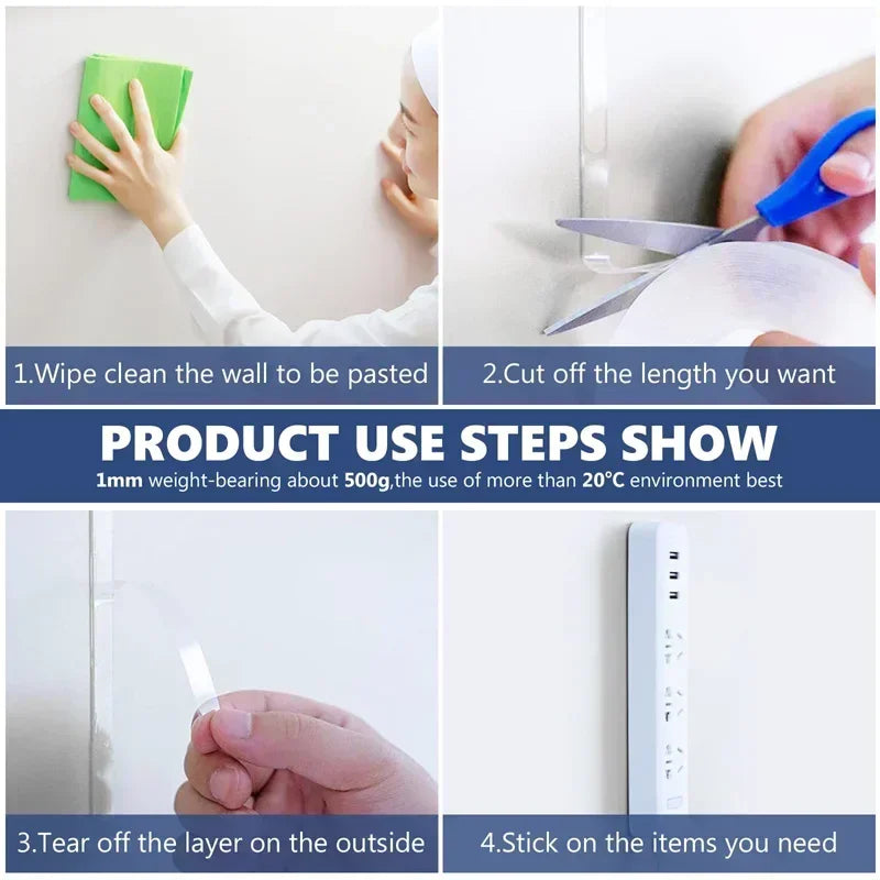 Ribbon Double Sided Adhesive Multifunctional Waterproof Reusable Wall Stickers Transparent Strong Sticky Glue Bathroom Kitchen