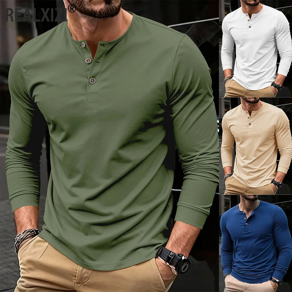 Men's Summer Casual Long Sleeve Henry Neck T Shirts Fashion Basic Solid Color Button Tees Polo High Quality Male Cozy T-shirts