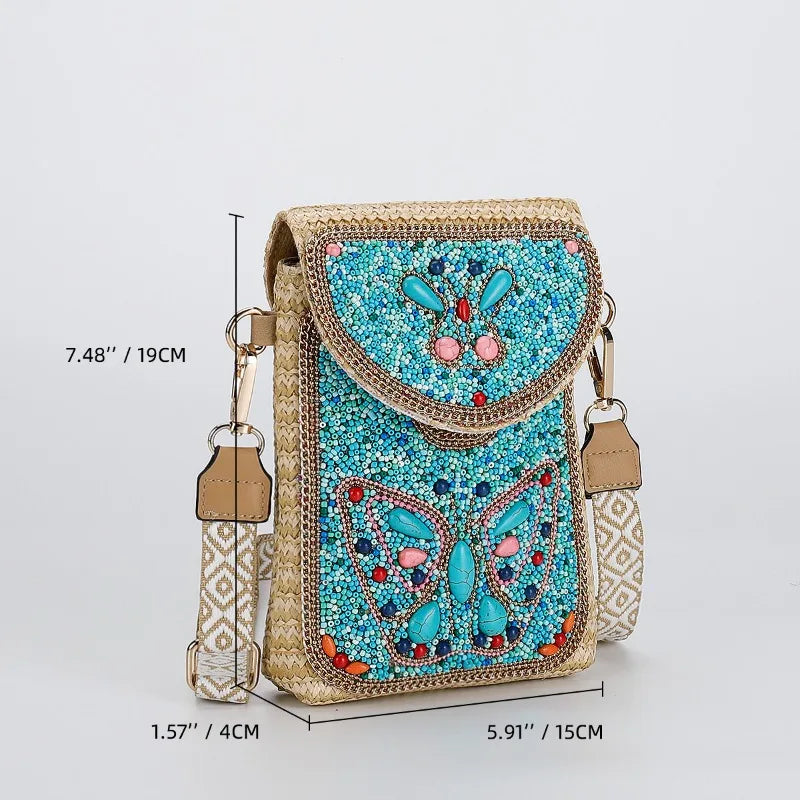 Advanced straw woven crossbody bag, new fashionable rice bead bag, European and American woven women's shoulder phone bag