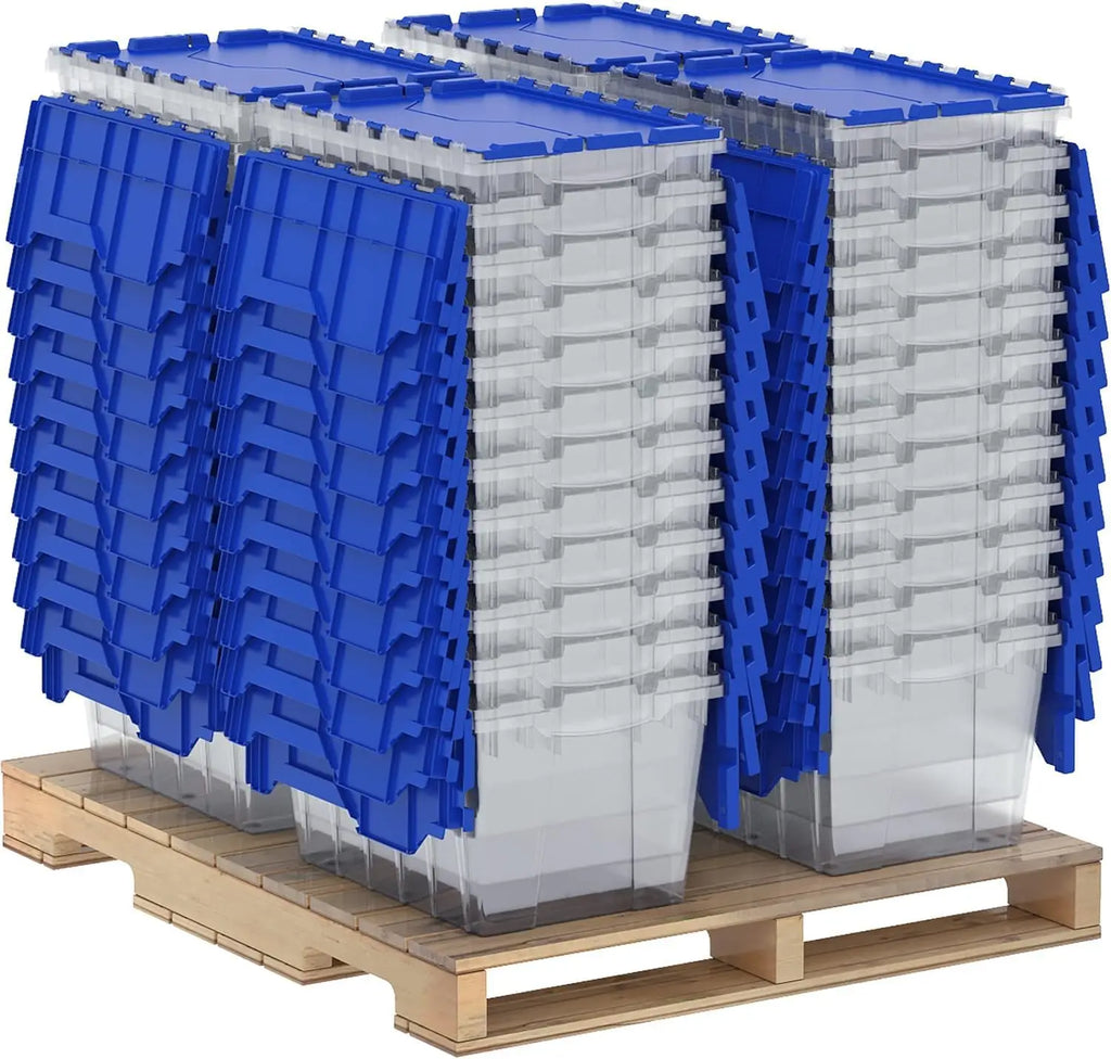 12 Gallon Storage Container, Nesting and Stackable Plastic Storage Box with Lid Attached, Clear Tote for Garages, Closets, and Moving, 21-1/2" x 15" x 12-1/2", Clear/Blue