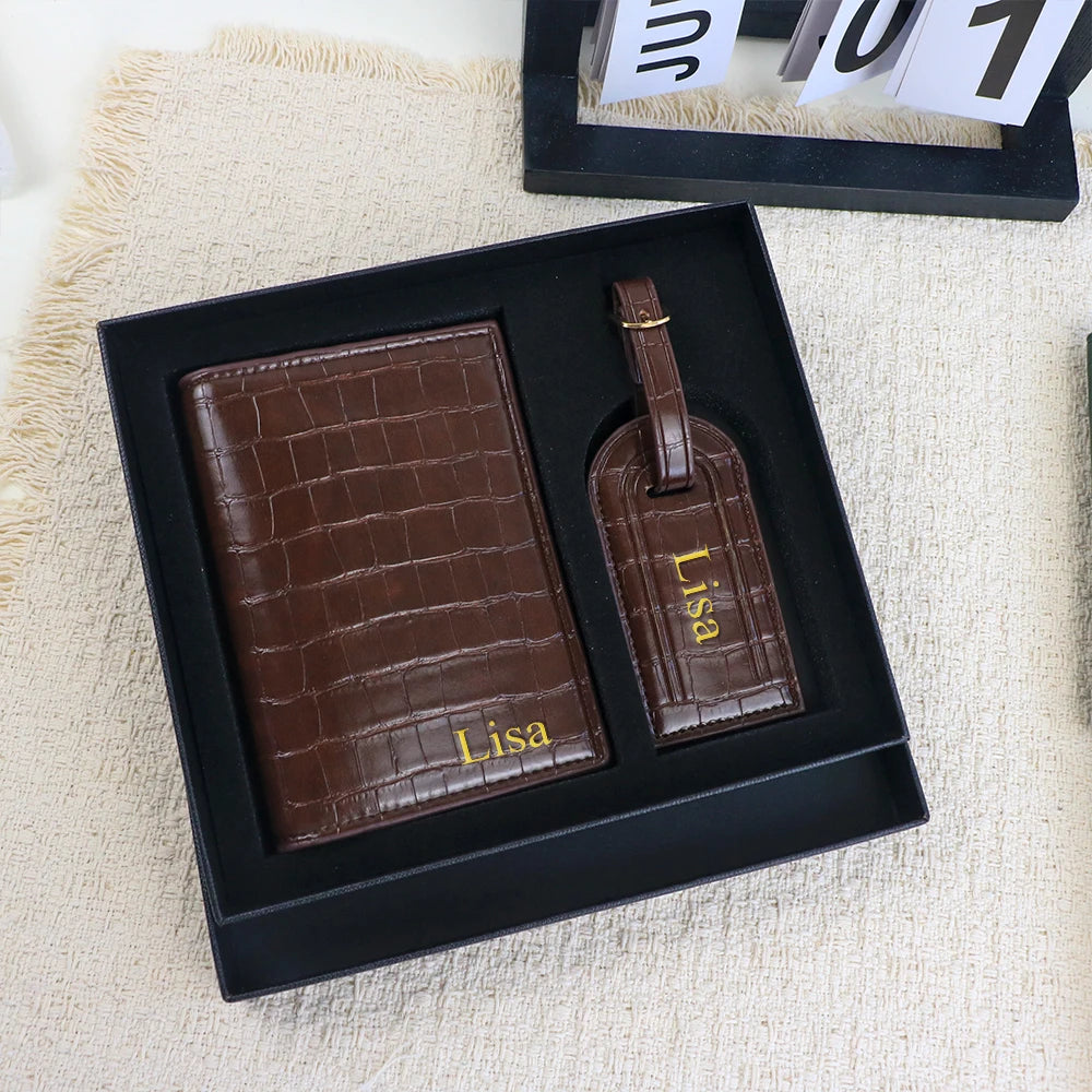 Customized Name PU Leather Crocodile Skin Pattern Luggage Tag + Passport Holder Gift Box Bag Accessories