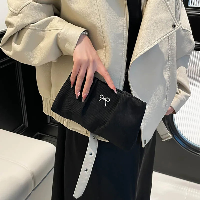 Bow Decoration Corduroy Women's Bag Female Large Capacity Cosmetic Bag Fashion Clutches Purse For Women