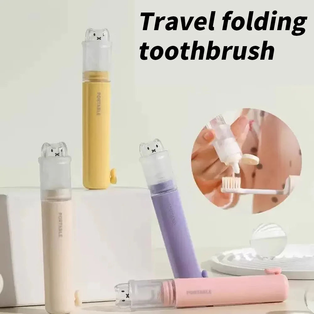 2 In 1 Foldable Travel Toothbrush Set Portable Toothpaste Storage Soft Bristle with Bear Cover Macaron for Business Travel