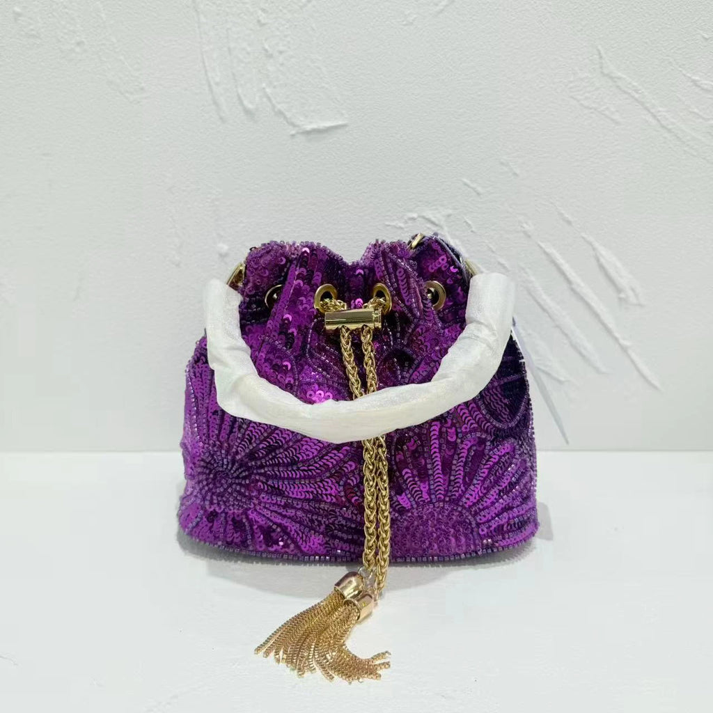 Women Bead Embroidery Shoulder Bag Women Fashionable Sequins Crossbody Chain Bucket Bag Handbag Shoulder Bags