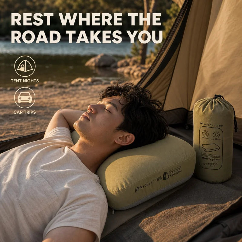 Memory Foam Camping Pillow, Portable Outdoor Travel Pillow With Removable Cover & Storage Bag For Camping Car Hiking