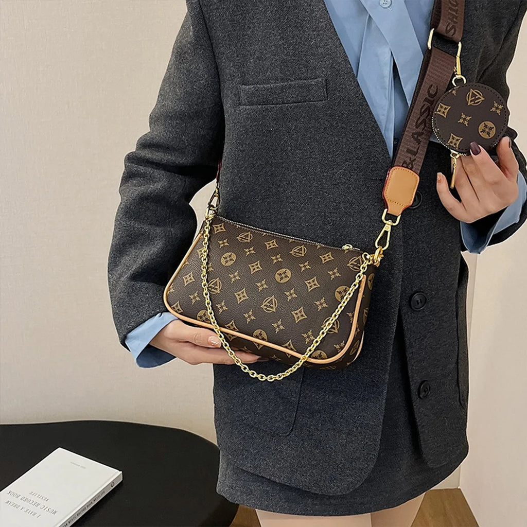 Women Fashion Floral Letter Print Shoulder Bag Chain Large Capacity Zipper Adjustable Strap Mini Pouch Attachment Daily Commute