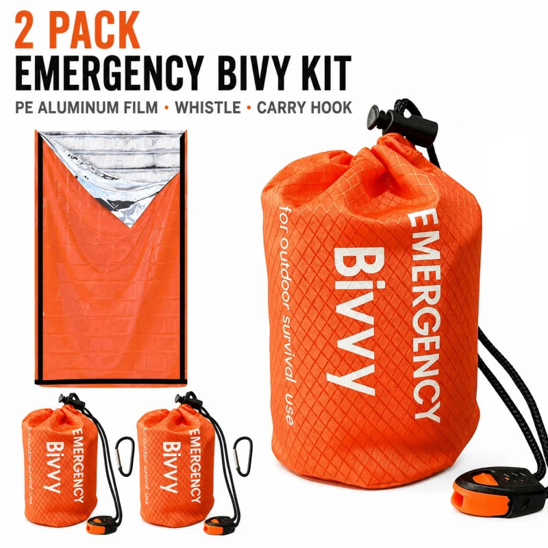 2 Pack Emergency Sleeping Bag, PE Aluminum Film Bivy Sack With Premium Pouch, Whistle & Carry Hook For Camping Hiking Car