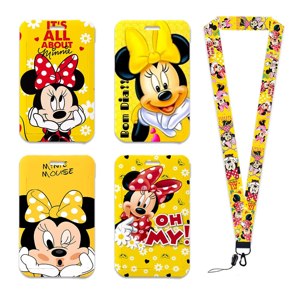 Disney Yellow Series Mickey Minnie Card Holder Work Permit Name Badge with Keychains Student Id Card Lanyard Holder Accessories
