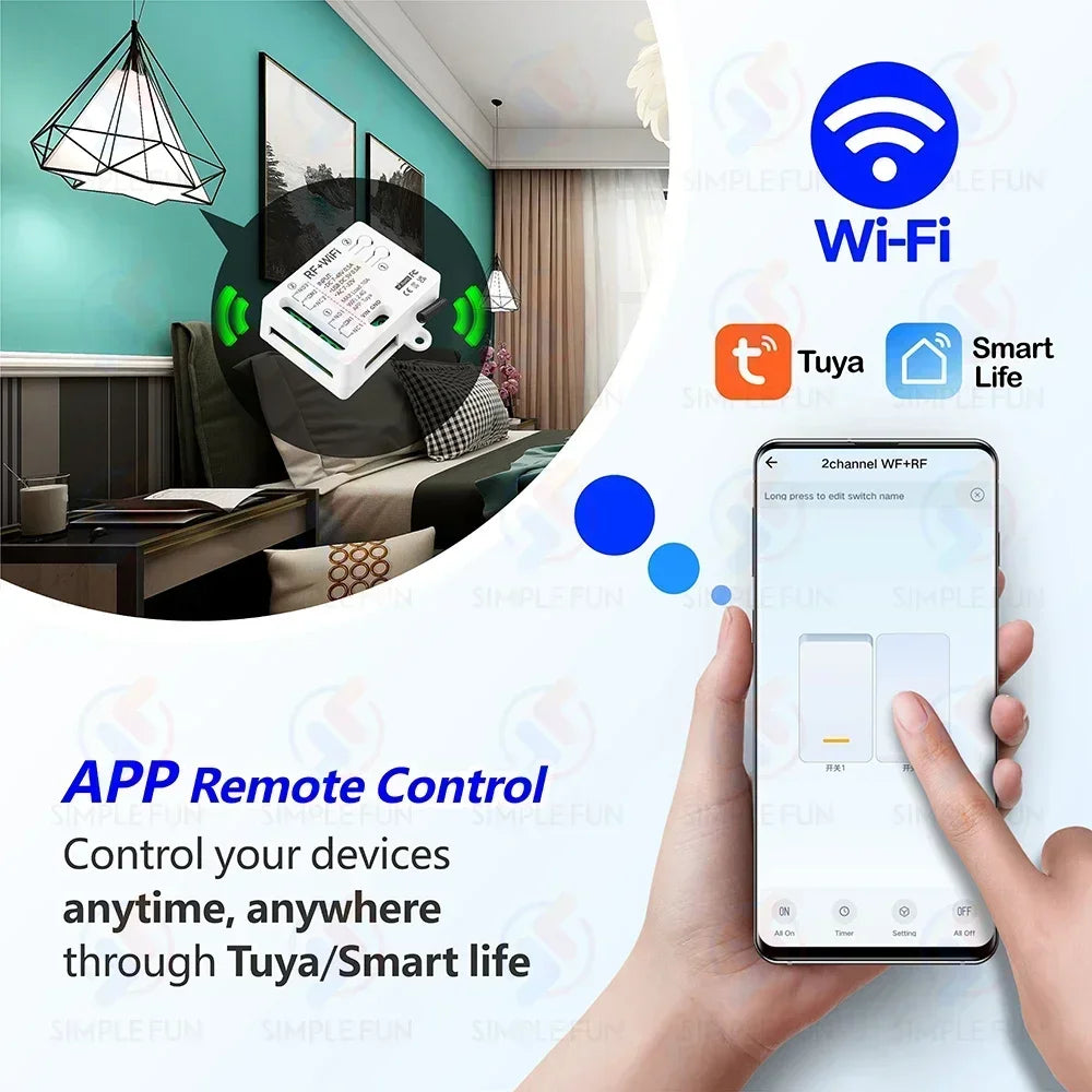 WiFi RF Remote Control Smart Light Switch 2 CH Tuya,USB 5V DC 12V 24V 48V,1-250V Dry Contact Relay,work with Alexa Google Home