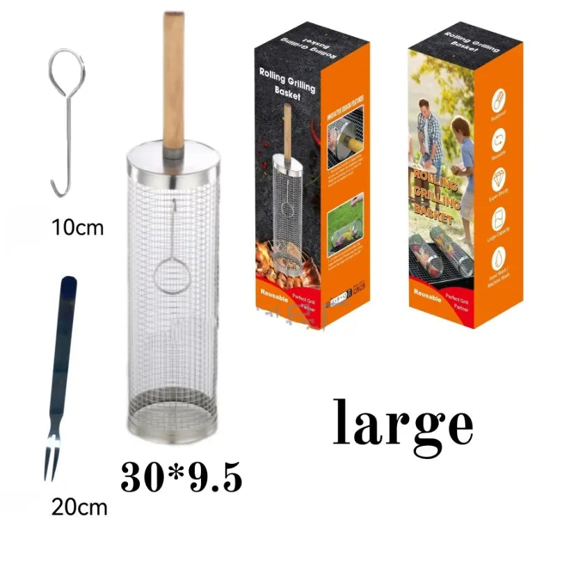 Rolling BBQ Cage with Wooden Handle - Outdoor BBQ Grill Basket | 304 Stainless Steel Grill Cylinder & Grill Net