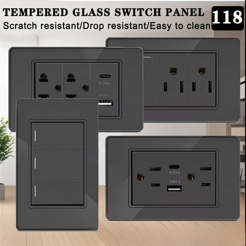 118*75mm TEMPERED GLASS SWITCH PANEL Wall Socket with USB Type - C, Grey US Switch, Thai Plug for Home & Office Use