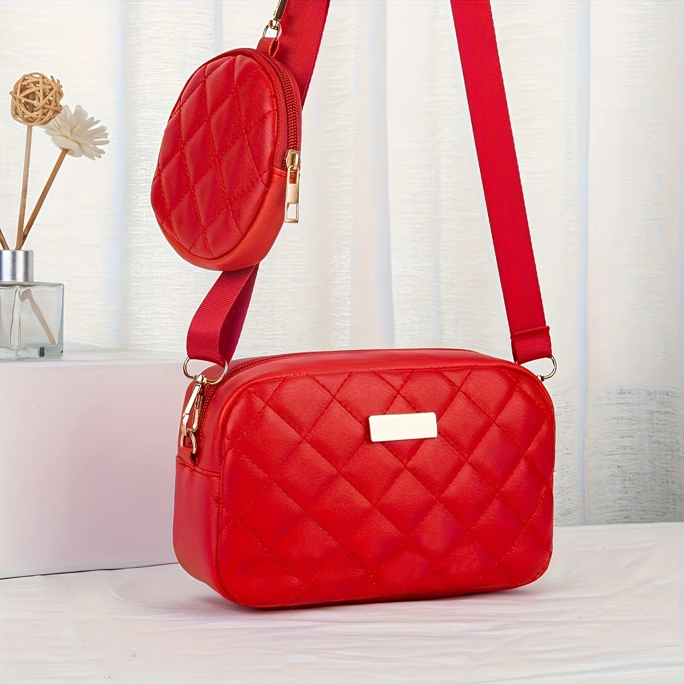 A fashionable crossbody bag set for women, featuring a coin purse, embroidery design, adjustable shoulder strap and zipper openi