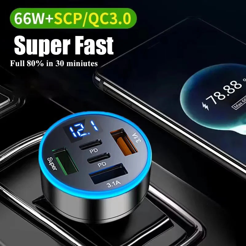 5 in 1 USB Car Phone Charger Adapter with Voltage Display Dual PD Port Super Fast Charge for iPhone Samsung Huawei OPPO